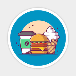 Burger with Cup of Coffee and Ice Cream Cartoon Vector Icon Illustration Magnet